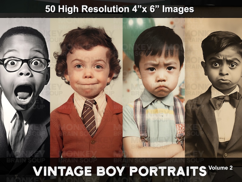 Vintage Retro Funny Boy Portraits. Boys making funny facial expressions.