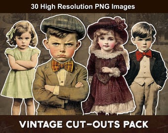 30 recortes em estilo vintage para impressão, com fundo transparente em PNG. Arquivos em 300 DPI, PNG e JPG. Baixe para diários de recortes, artesanatos e recortes elaborados.