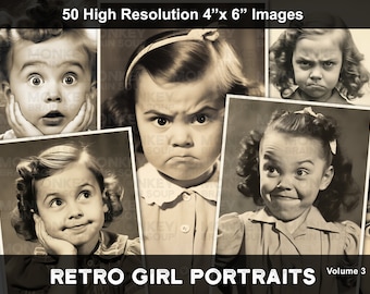 Fotos em estilo retrô de garotas com rostos expressivos. Pacote para impressão com 50 imagens em alta resolução.