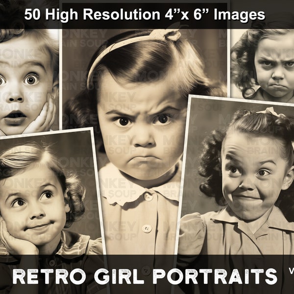 Retro Style Photos of Girls with Expressive faces. Printable Download pack of 50 high resolution images.