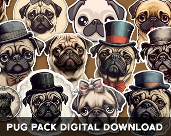 A collection of 35 premium printable pugs! High resolution JPG, PDF, and PNG files with transparent backgrounds. Digital Download.