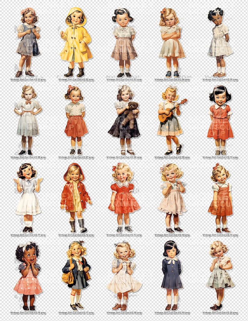 Printable Vintage Little Girl cut outs, transparent background. 300DPI, PNG files. Digital Download for junk journals, crafts, collages, etc image 3