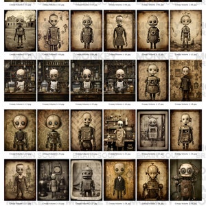 Vintage style tintype photography of creepy looking robotic characters that combine elements of robots, dolls, and zombies.