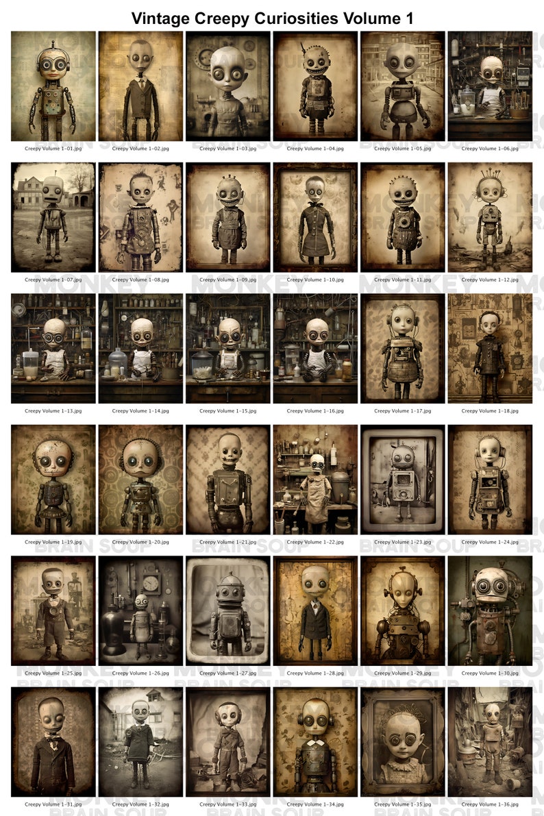 Vintage style tintype photography of creepy looking robotic characters that combine elements of robots, dolls, and zombies.