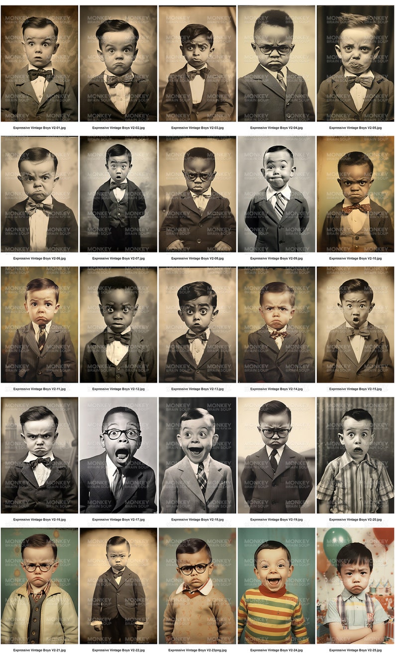 Vintage Retro Funny Boy Portraits. Boys making funny facial expressions.