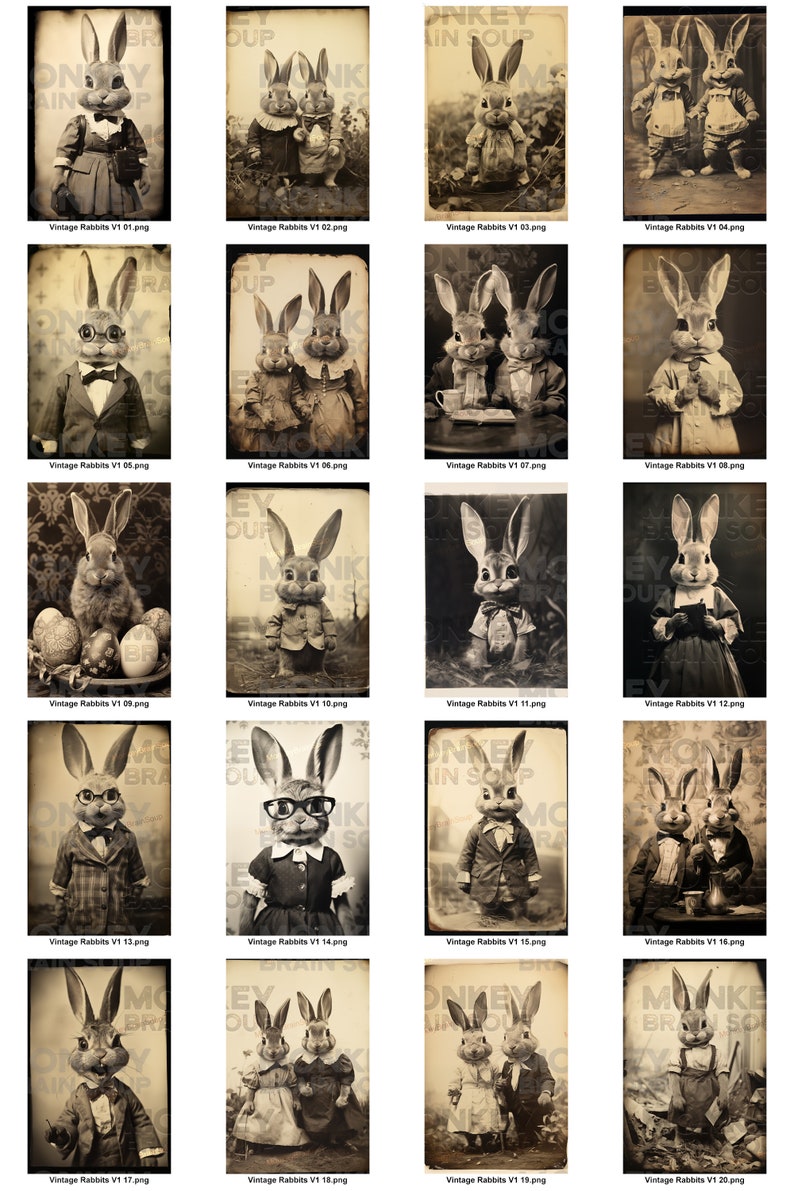 Vintage Style Cute and funny Bunny Rabbits for collages, cards, crafts, scrapbooks, pins, junk journals. Instant download. 40 pack 300dpi image 5