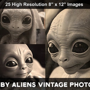 Vintage photographs of cute and funny baby Roswell grey aliens. Alien Ephemera. Antique style vintage photography.