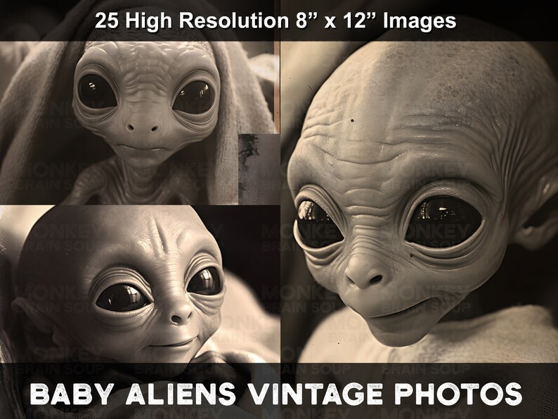 Vintage photographs of cute and funny baby Roswell grey aliens. Alien Ephemera. Antique style vintage photography.