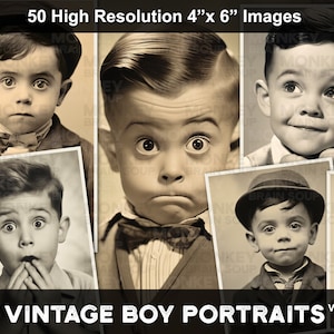 Grappige foto's in vintagestijl van expressieve jongens voor junkdagboeken, plakboeken en kaarten. Afdrukbaar downloadpakket met 50 afbeeldingen in hoge resolutie.