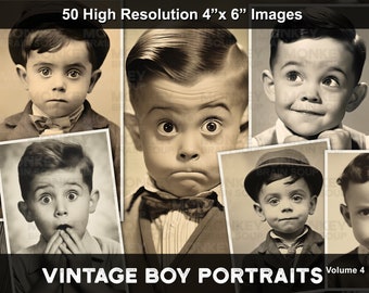 Fotos engraçadas de meninos expressivos em estilo vintage para diários de recortes, álbuns de recortes e cartões. Pacote para impressão com 50 imagens em alta resolução.