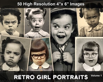 Retro Style Photos of Girls with Expressive faces. Printable Download pack of 50 high resolution images.