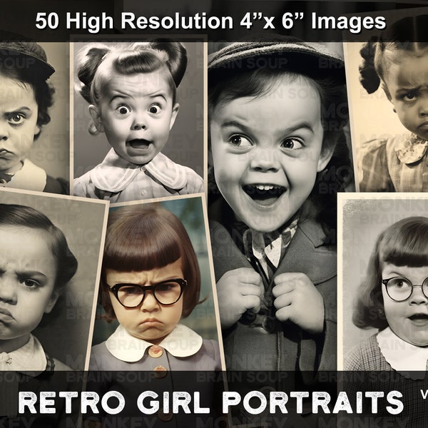 Retro Style Photos of Girls with Expressive faces. Printable Download pack of 50 high resolution images.