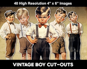 Printable Vintage Little Boys cut outs on transparent background. 300DPI, PNG and PDF files. Digital Download. For junk journals