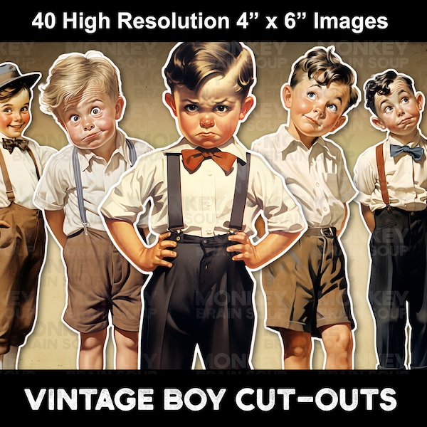 Printable Vintage Little Boys cut outs on transparent background. 300DPI, PNG and PDF files. Digital Download. For junk journals