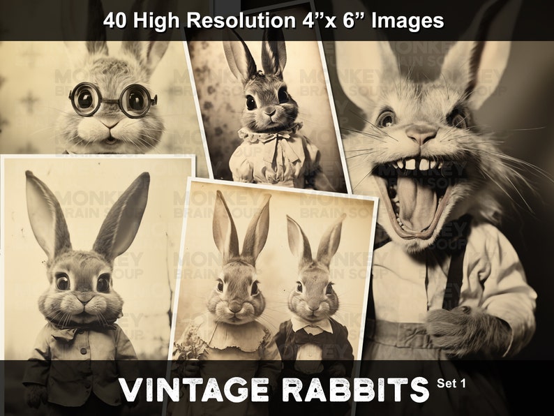 A collage of vintage sepia toned old photographs of funny and cute anthropomorphic rabbits with various expressive faces.