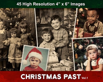Op de afbeelding: Een verzameling vintage kerstfoto's met kinderen in verschillende poses. De foto's zijn in zwart-wit en sepia tinten en tonen verschillende scènes, waaronder kinderen die cadeaus openen, een kerstboom versieren en in de sneeuw spelen. De foto's zijn in een collage-indeling gerangschikt en ze zijn allemaal omlijst met een eenvoudige witte rand. De titel "Christmas Past Vol. 1" staat onderaan de collage.