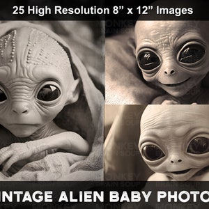 Vintage photographs of cute and funny baby Roswell grey aliens. Alien Baby Portraits.