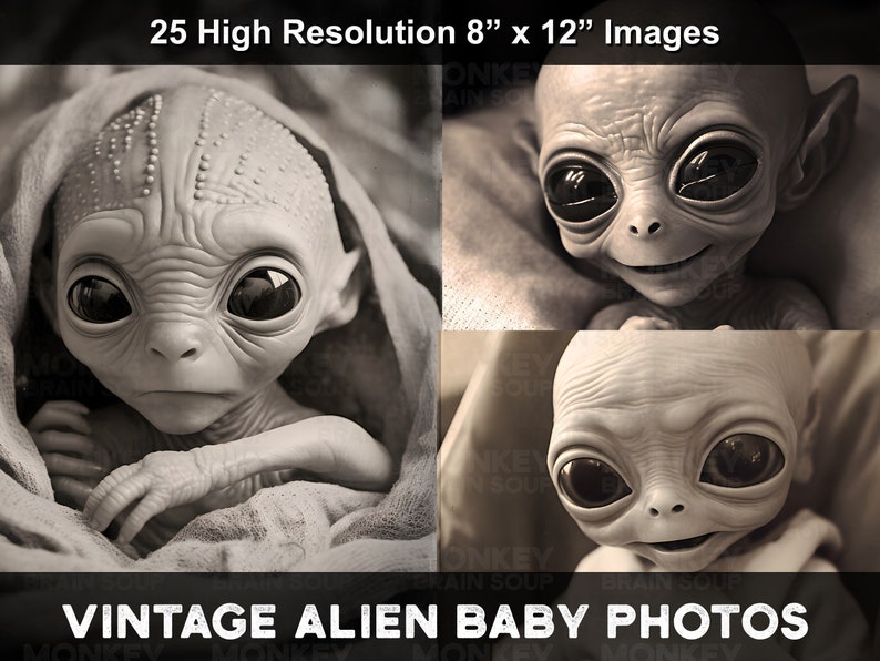 Vintage photographs of cute and funny baby Roswell grey aliens. Alien Baby Portraits.