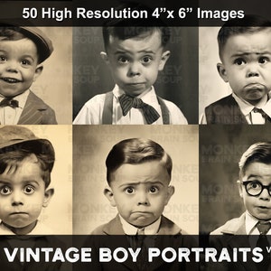 Vintage style sepia photographs of cute funny little boys with expressive comical faces.