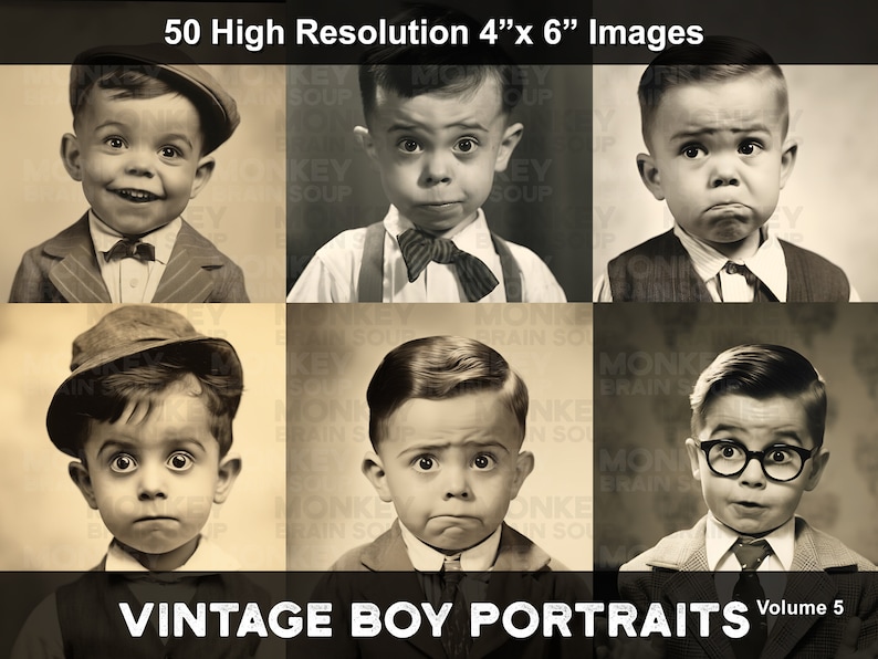 Vintage style sepia photographs of cute funny little boys with expressive comical faces.