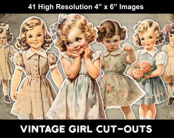 Printable Vintage Little Girls cut out, transparent background. 300DPI, PNG and PDF files. Digital Download for junk journals, crafts, etc.