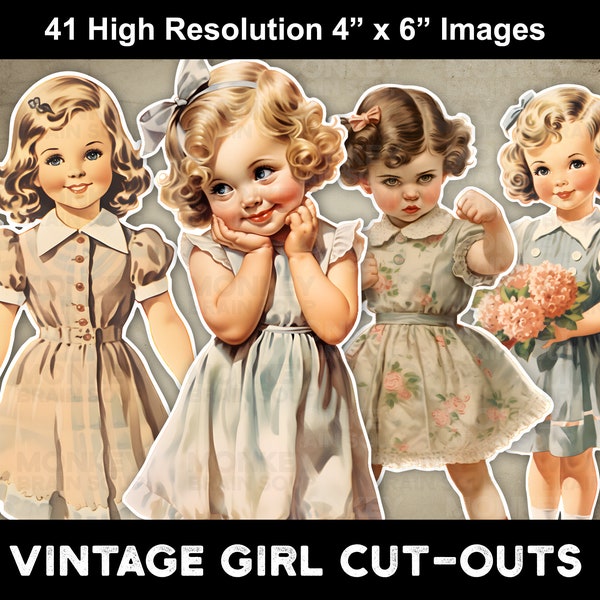 Printable Vintage Little Girls cut out, transparent background. 300DPI, PNG and PDF files. Digital Download for junk journals, crafts, etc.