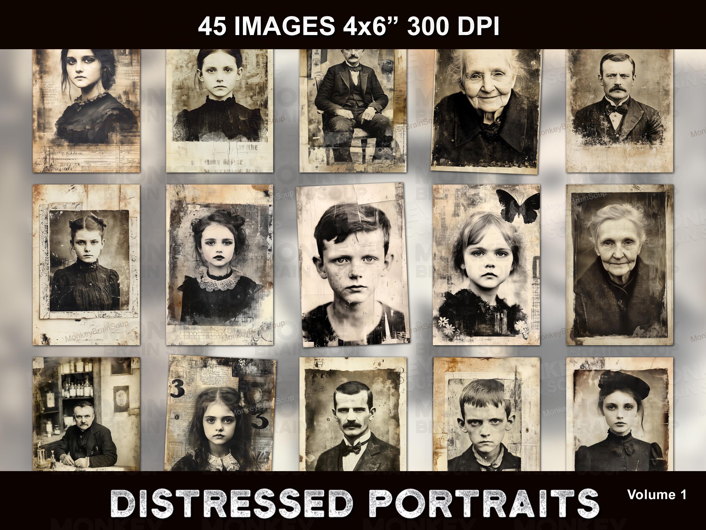 Old Distressed Vintage Portrait photos for junk journals, scrapbooking ephemera. Printable Download pack of 45 high resolution images.