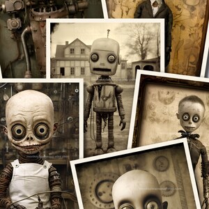 Vintage style tintype photography collage of creepy looking robotic characters that combine elements of robots, dolls, and zombies.