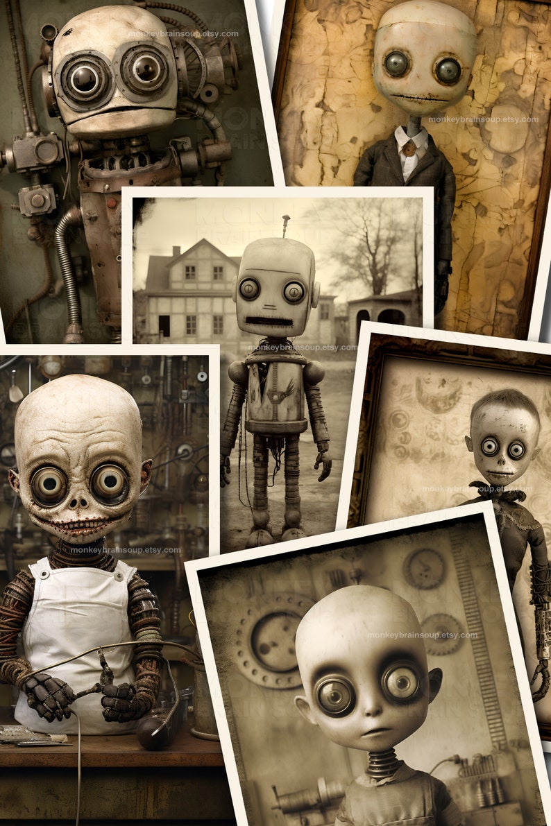 Vintage style tintype photography collage of creepy looking robotic characters that combine elements of robots, dolls, and zombies.