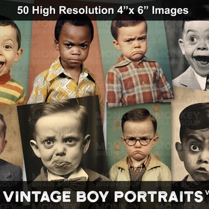 Grappige foto's in vintagestijl van expressieve jongens voor junkdagboeken, plakboeken en kaarten. Afdrukbaar downloadpakket met 50 afbeeldingen in hoge resolutie.