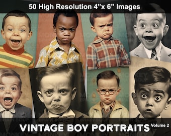 Vintage Style Funny Photos of Expressive Boys for junk journals, scrapbooks, cards. Printable Download pack of 50 high resolution images.