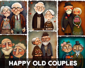 Happy Old Couples. A collection cute happy elderly couples. Printable instant download for junk journals, cards, scrapbooks, crafts, etc.