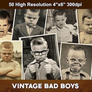 Vintage Style Bad Little Boys para diarios basura, tarjetas, efímeras de scrapbooking, etc. Paquete de descarga imprimible de 50 imágenes de alta resolución.