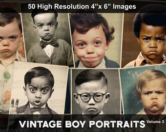 Vintage Style Photographs of Expressive Boys for junk journals, scrapbooking ephemera. Printable Download pack of 50 high resolution images.