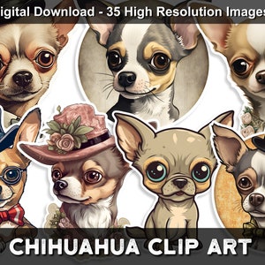 Printable Chihuahua clip art, 35 High resolution PNG files with white borders and transparent backgrounds, and PDF. Digital Download.