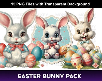 Printable Easter Bunny clipart on transparent background. 300DPI, Transparent PNG files, JPG and PDF sheets for cards, crafts, decals, etc.