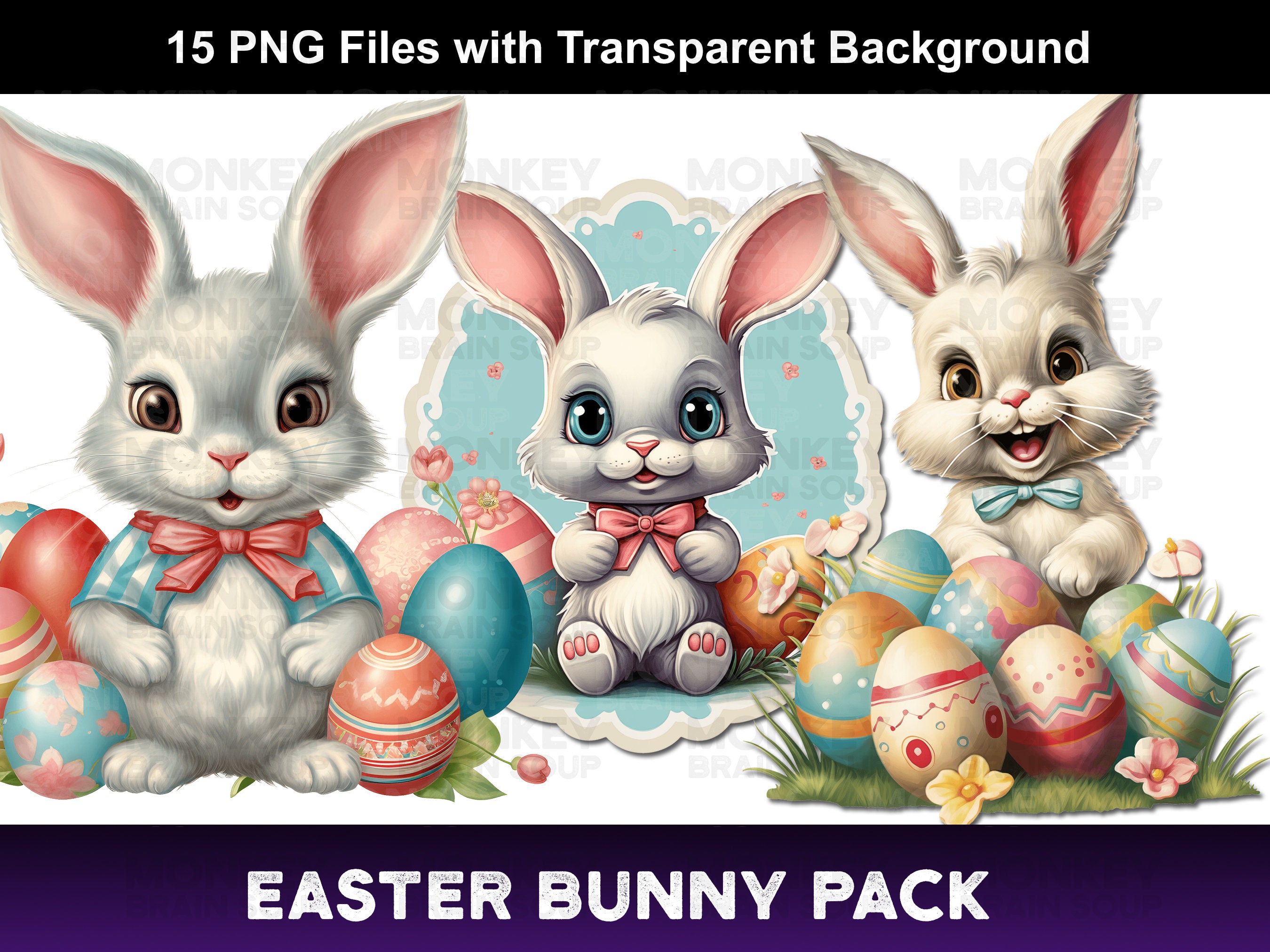Printable Easter Bunny clipart on transparent background. 300DPI, Transparent PNG files, JPG and PDF sheets for cards, crafts, decals, etc.