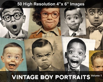 Vintage Style Photographs of Expressive Boys for junk journals, collages, cards. Printable Download pack of 50 high resolution images.