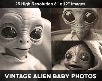 Vintage Style Baby Alien Photographs - Printable Download pack. 25 High Resolution Images. Alien Ephemera.