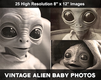 Vintage Style Baby Alien Photographs - Printable Download pack. 25 High Resolution Images. Alien Ephemera.