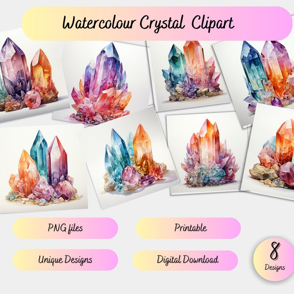 Watercolour Crystals Bundle Gothic Colourful crystal Clipart Bundle Digital Download Commercial Use Card Making Tumbler Wrap Mug Wrap