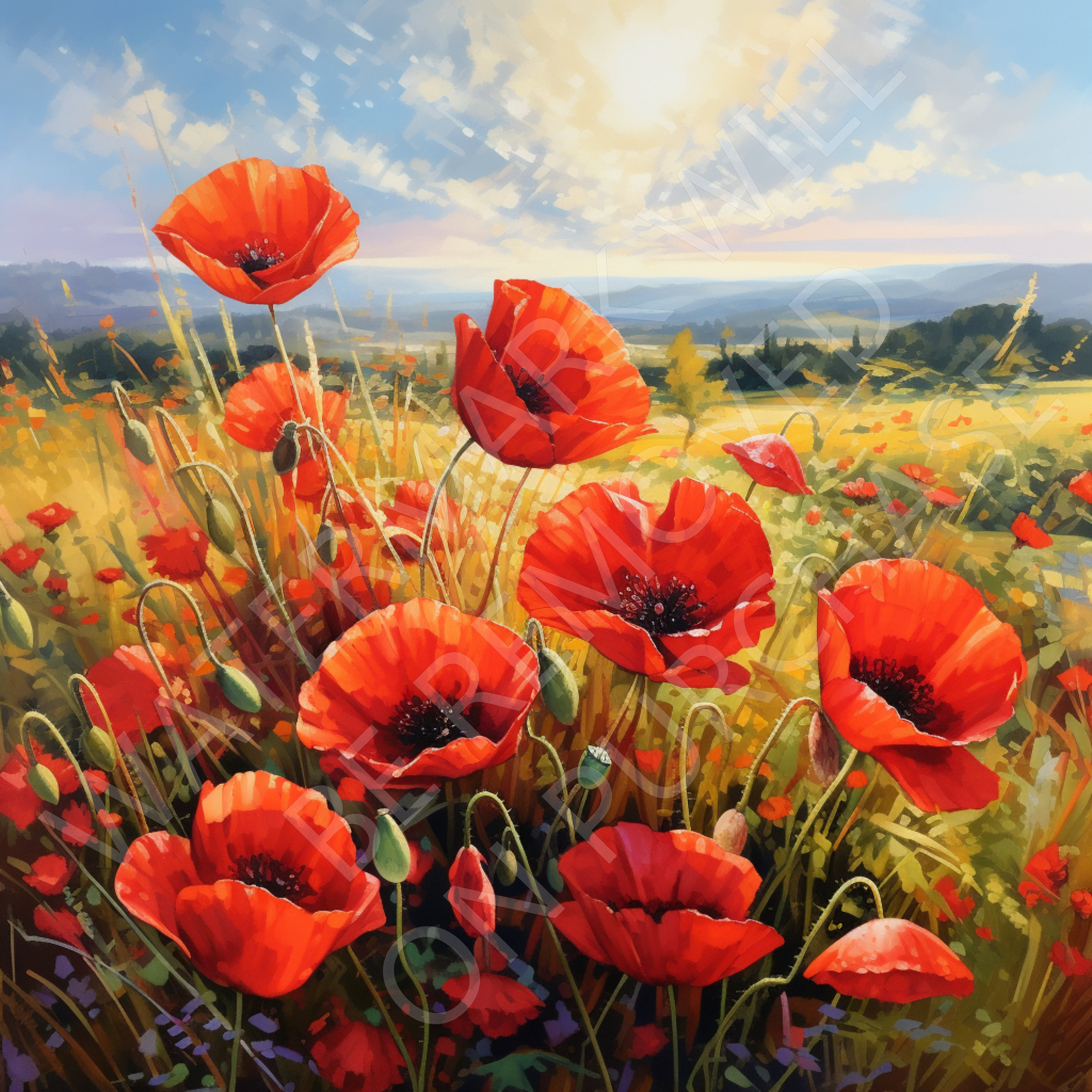 Red Watercolour Poppies in a Sunny Field AI Portrait Art Interior ...