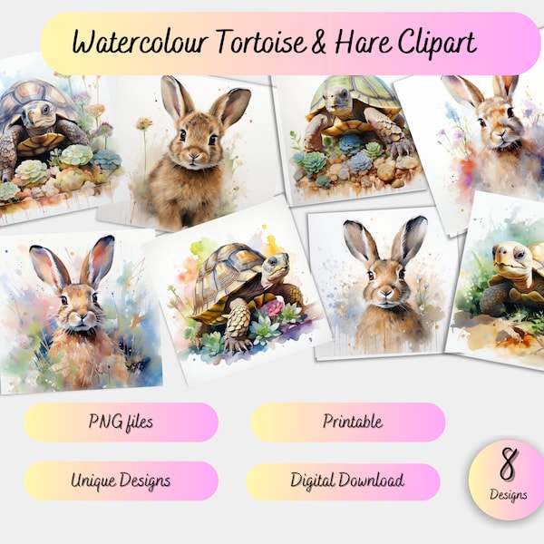 Watercolour Tortoise & Hare Bundle Clipart Digital Download Commercial Use Card Making Tumbler Wrap Mug Wrap