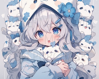 Puede incluir: Una chica de anime con cabello blanco y ojos azules que lleva una chaqueta con capucha blanca con flores azules y sostiene un animal de peluche blanco. La chica está rodeada de muchos animales de peluche blancos con lazos azules.