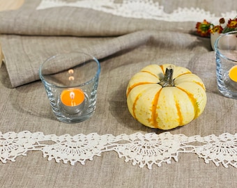 Linen table runner decorated with hand crochet lace on both ends - perfect as a farmhouse linen table decor