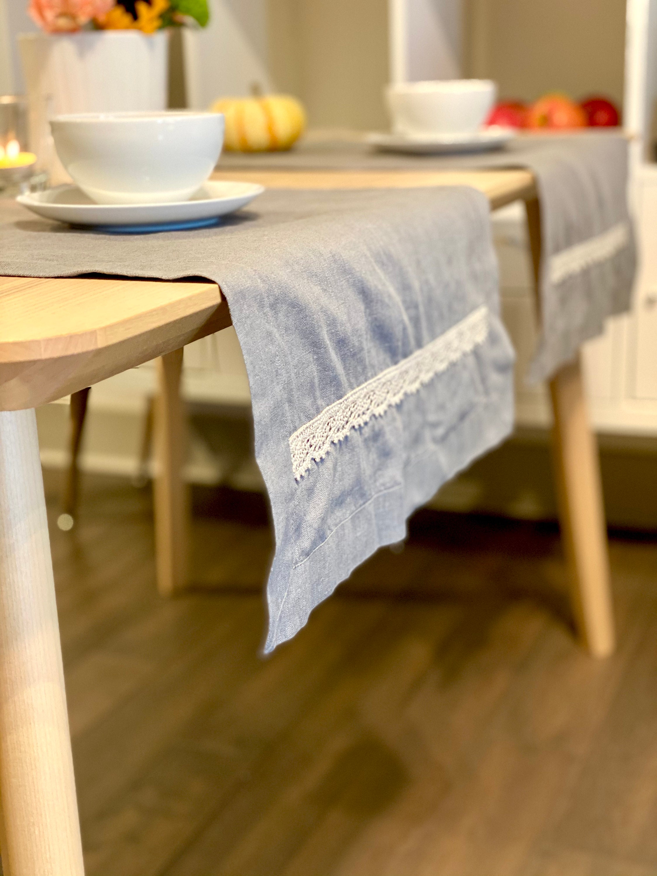 Blue/gray table runner with light gray handmade lace on both Etsy