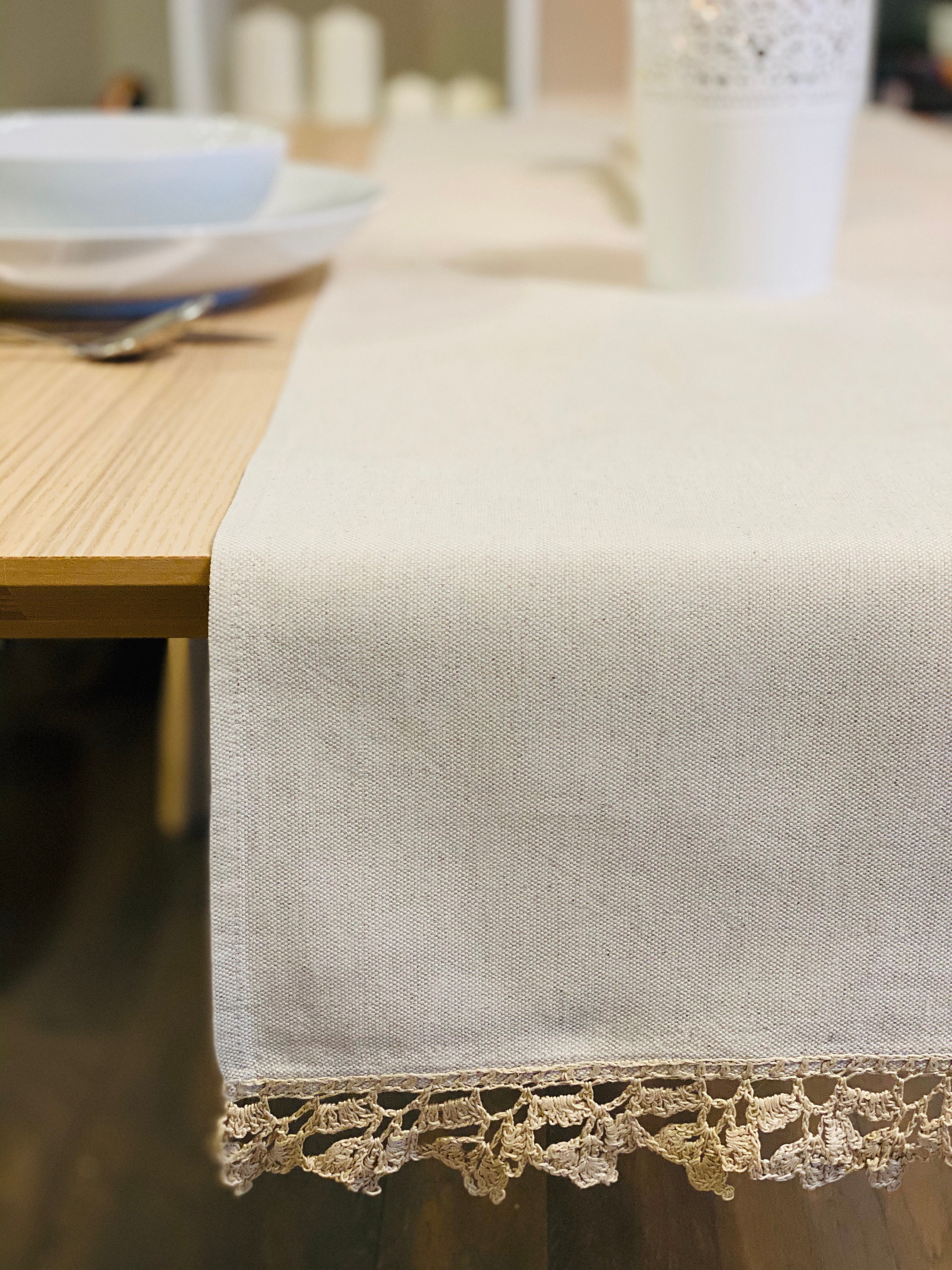 Buy Lovely Beige Linen Table Runner With Handmade Crochet Lace Long