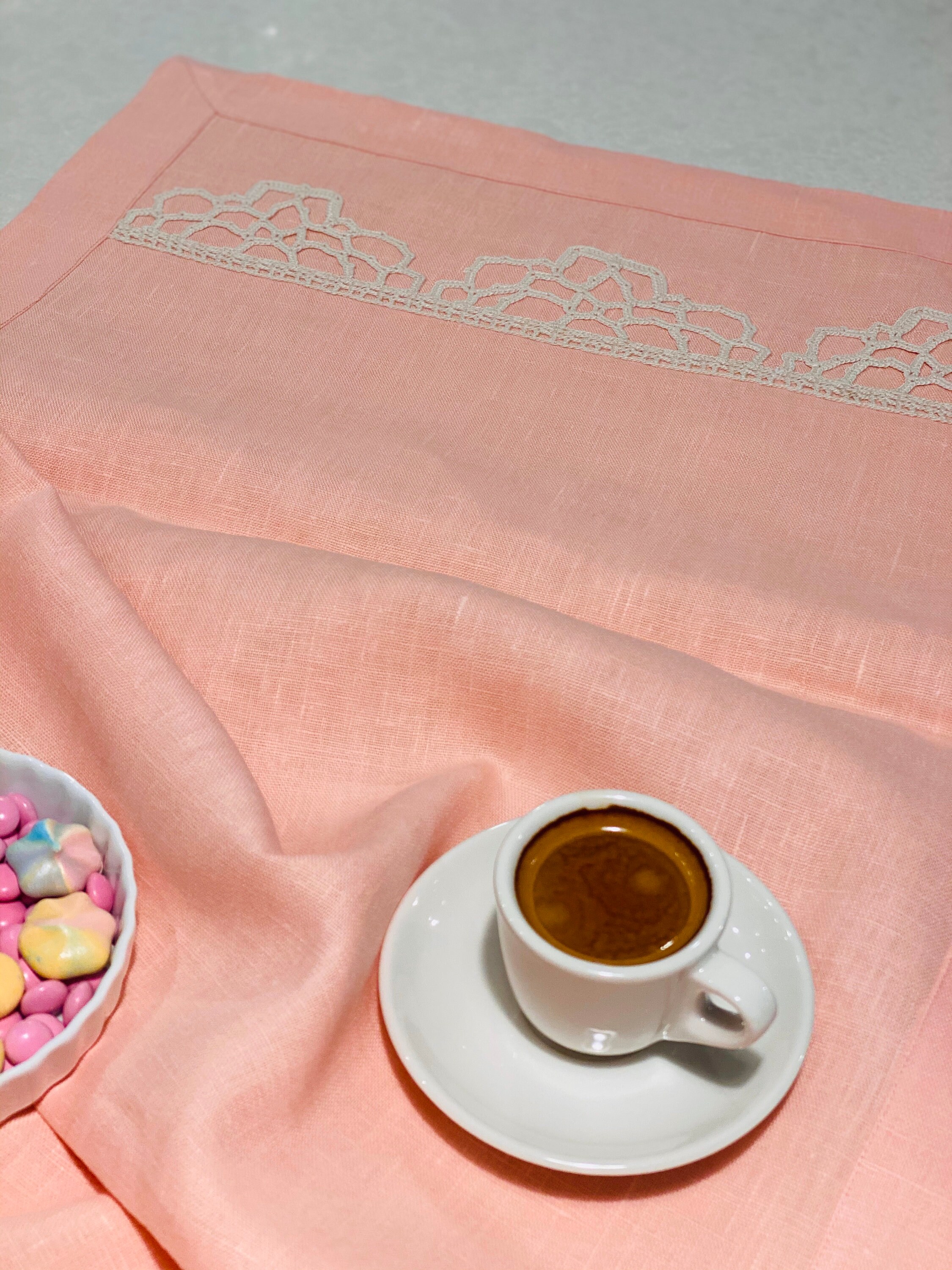 Pink/salmon Table Runner With Cream Crochet Lace a Delicate Etsy