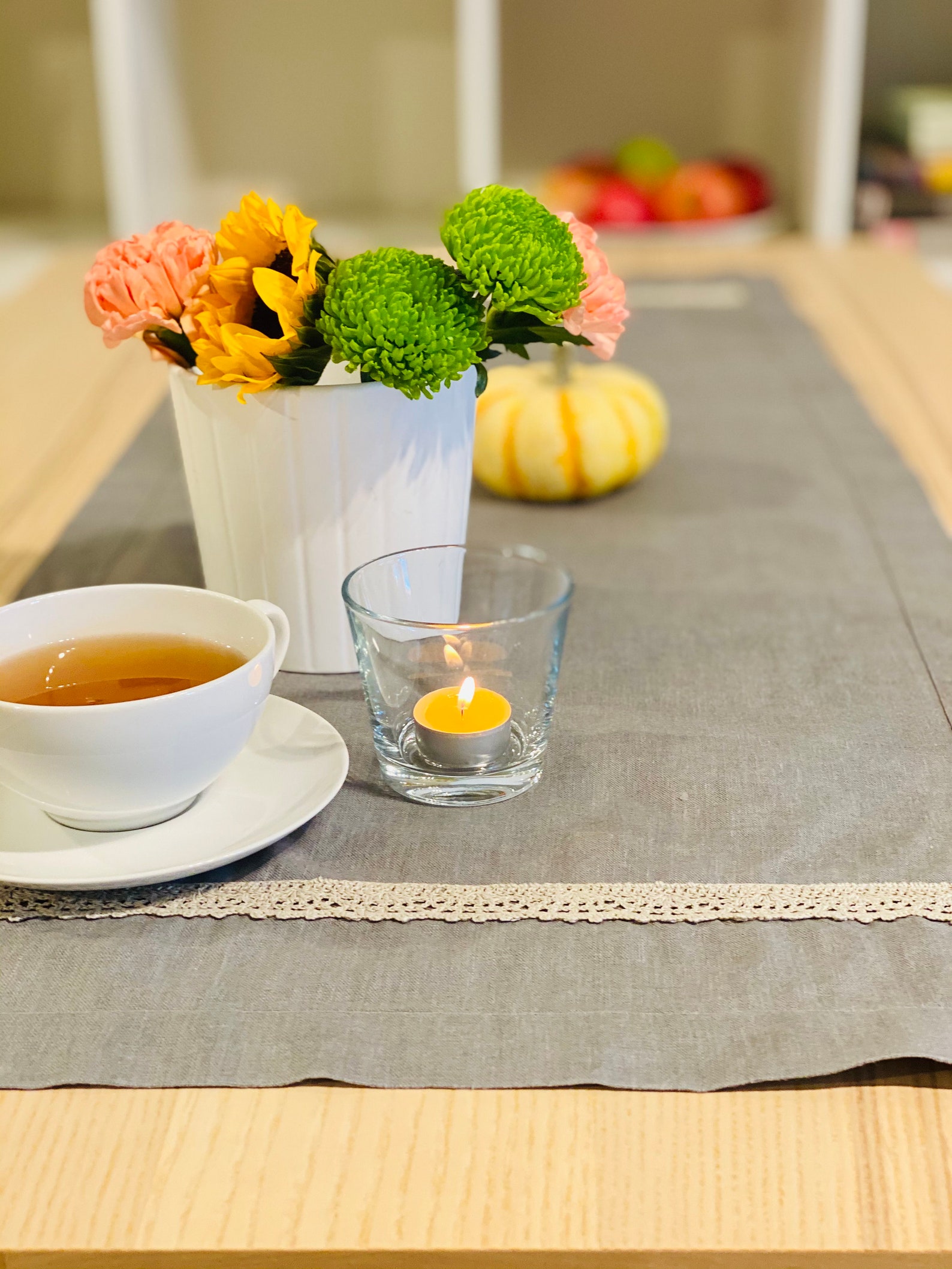 Blue/gray table runner with light gray handmade lace on both Etsy