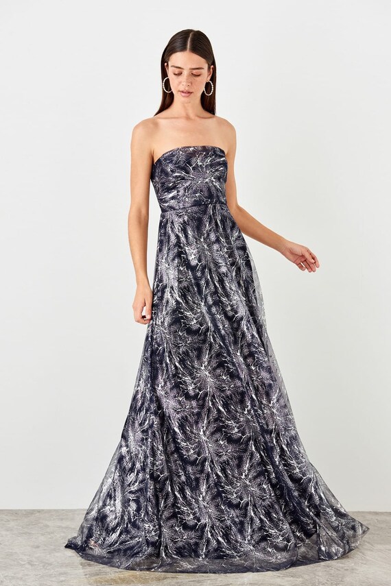 Navy Blue Strapless Evening Dress Wedding Guest Dress Boho Etsy